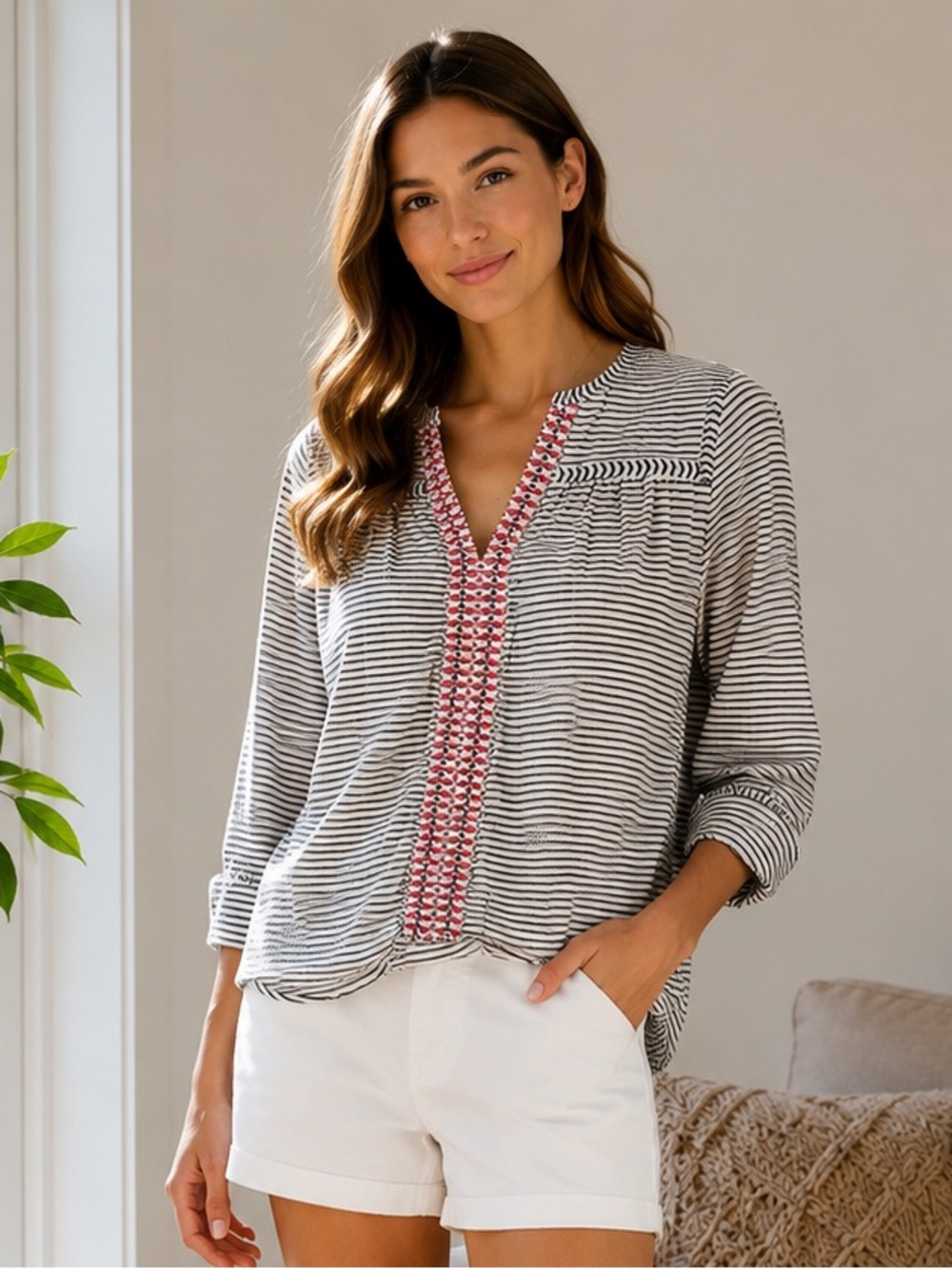 J. Crew Embroidered Peasant V-Neck Top In Stripe - Off white grey size 0